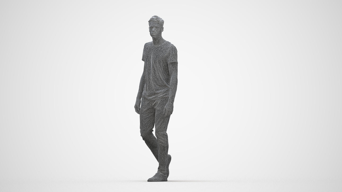 3D human model man casual walking, photogrammetry scanned person for archviz, wireframe back view