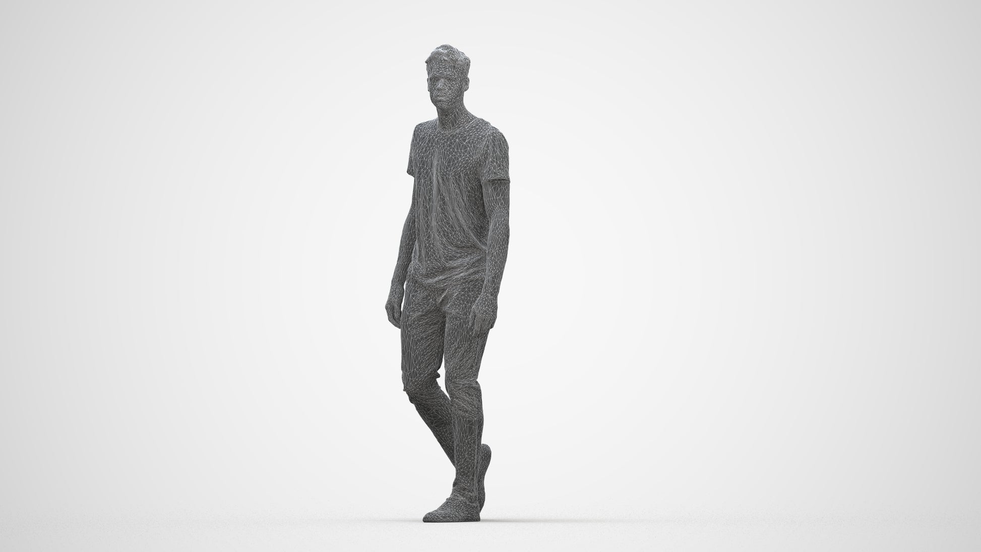 3D human model man casual walking, photogrammetry scanned person for archviz, wireframe back view
