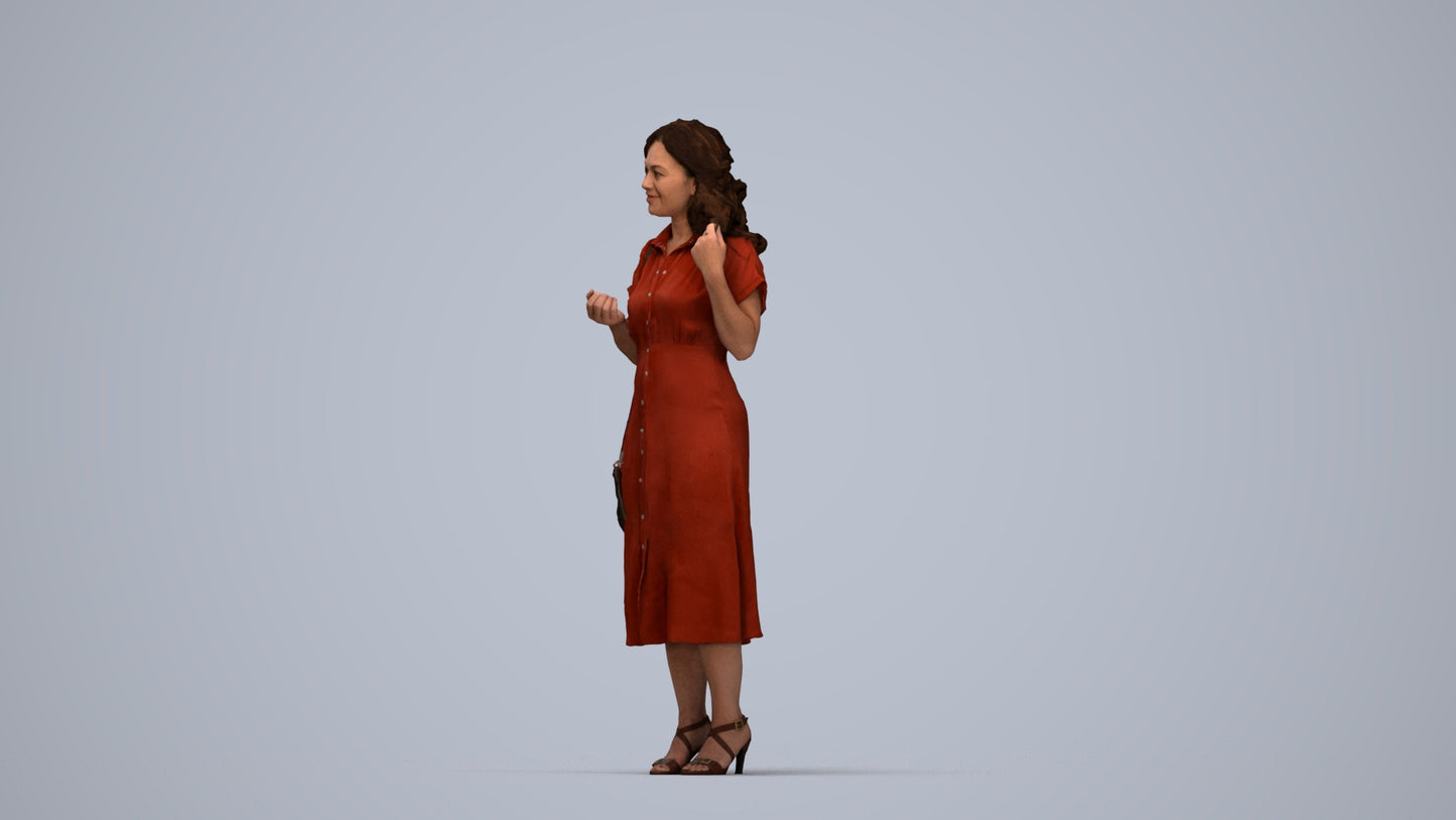 3D human model woman casual standing, photogrammetry scanned person for archviz, top-down view render
