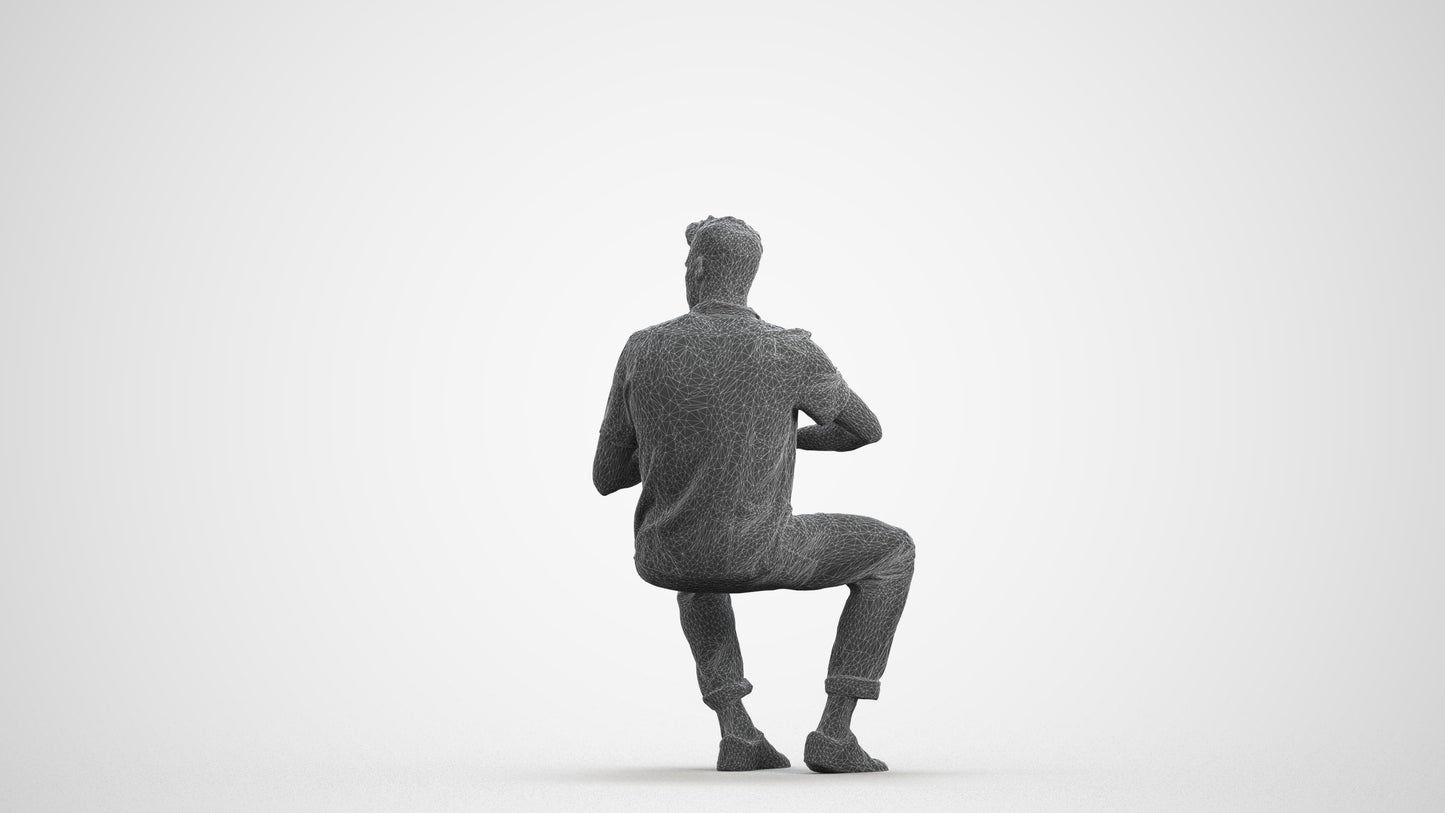 3D people model man casual sitting, scanned human for 3ds Max rendering, wireframe front view
