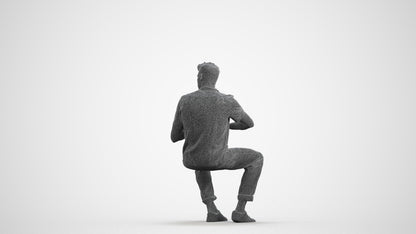 3D people model man casual sitting, scanned human for 3ds Max rendering, wireframe front view