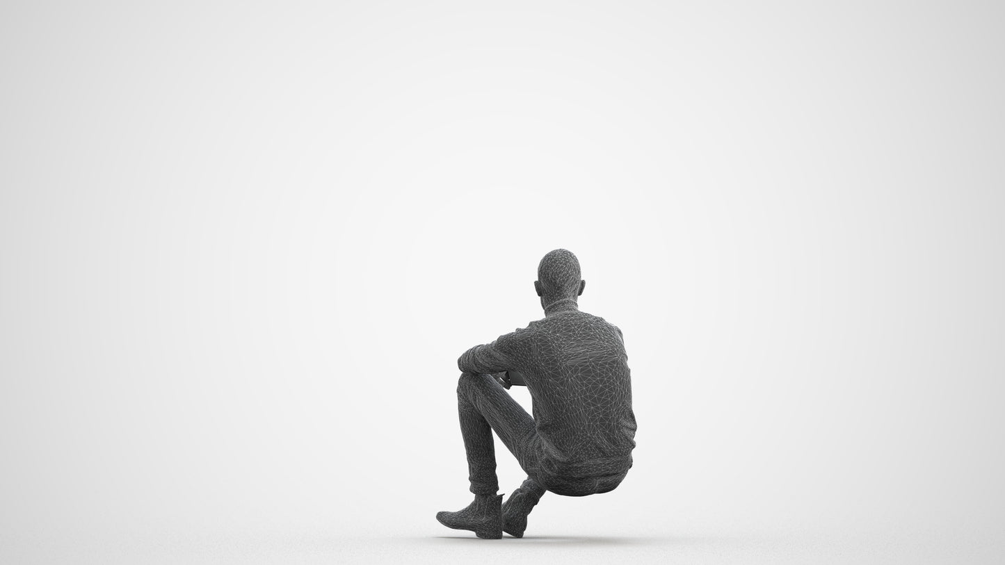 3D scanned man sitting casual, photorealistic archviz people for Enscape and SketchUp, wireframe front view