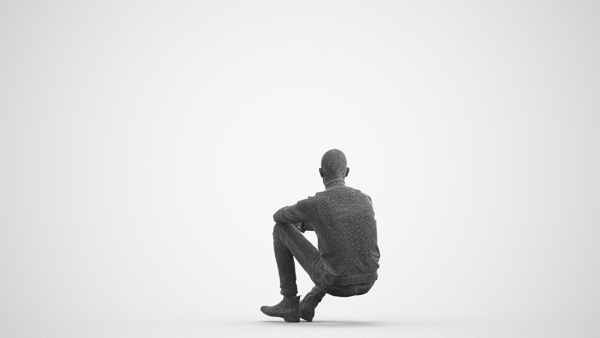 3D scanned man sitting casual, photorealistic archviz people for Enscape and SketchUp, wireframe front view