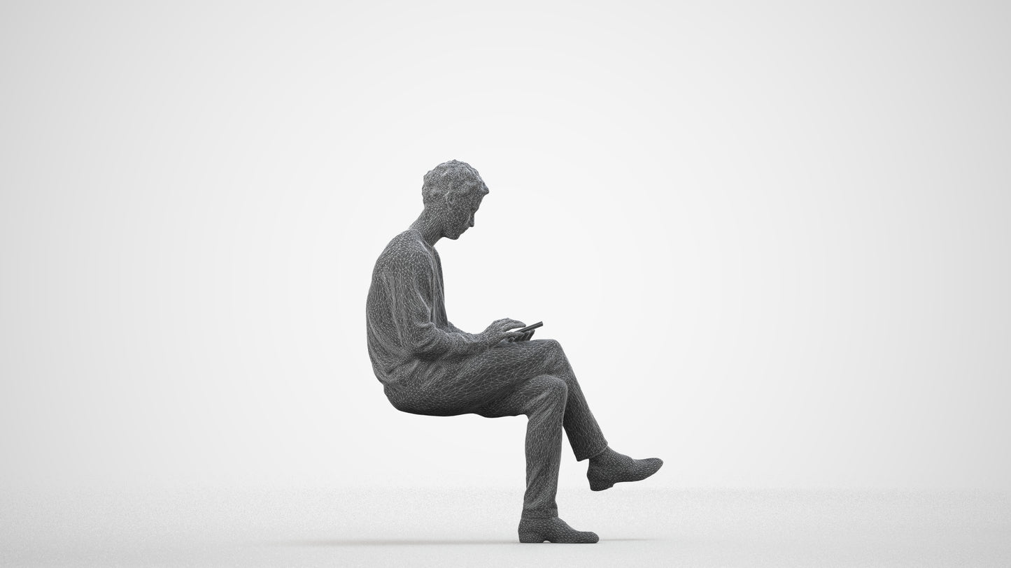 realistic 3D people man casual sitting, render-ready for V-Ray and Corona, FBX OBJ, wireframe side view
