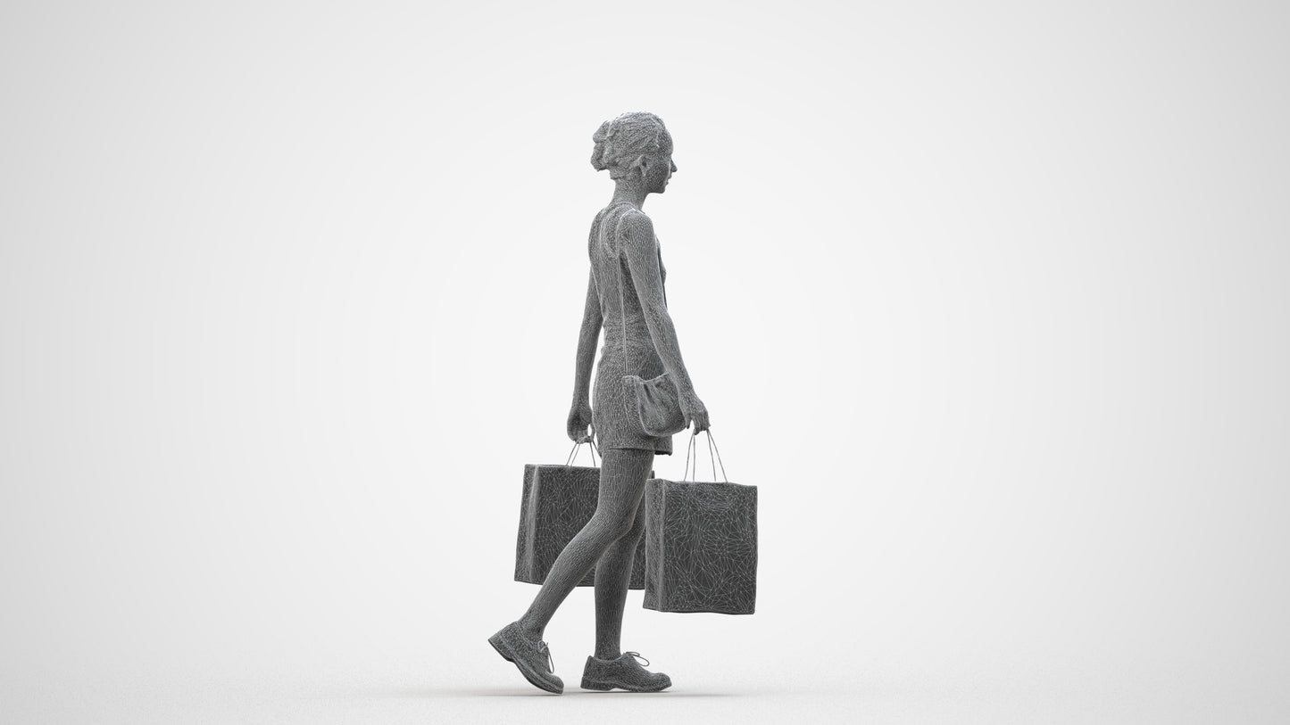 3D people model woman casual shopping, scanned human for 3ds Max rendering, wireframe side view
