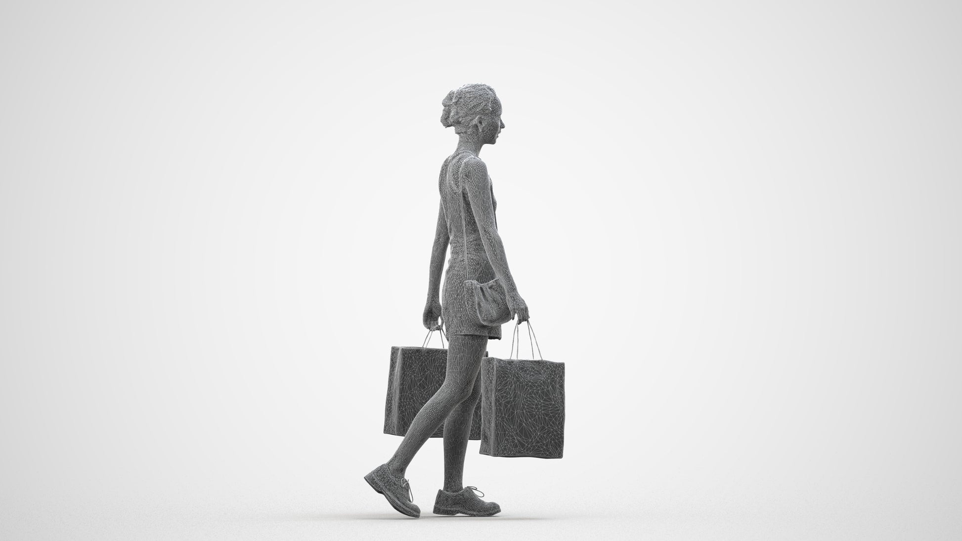 3D people model woman casual shopping, scanned human for 3ds Max rendering, wireframe side view