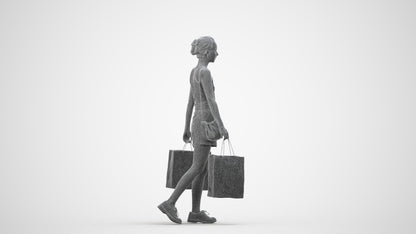 3D people model woman casual shopping, scanned human for 3ds Max rendering, wireframe side view