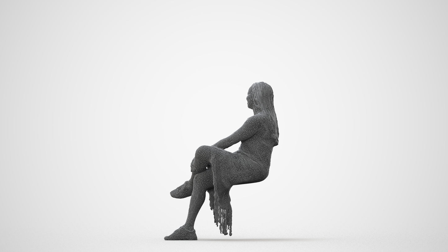 realistic 3D woman casual sitting, scanned archviz people for Blender and 3ds Max, square thumbnail
