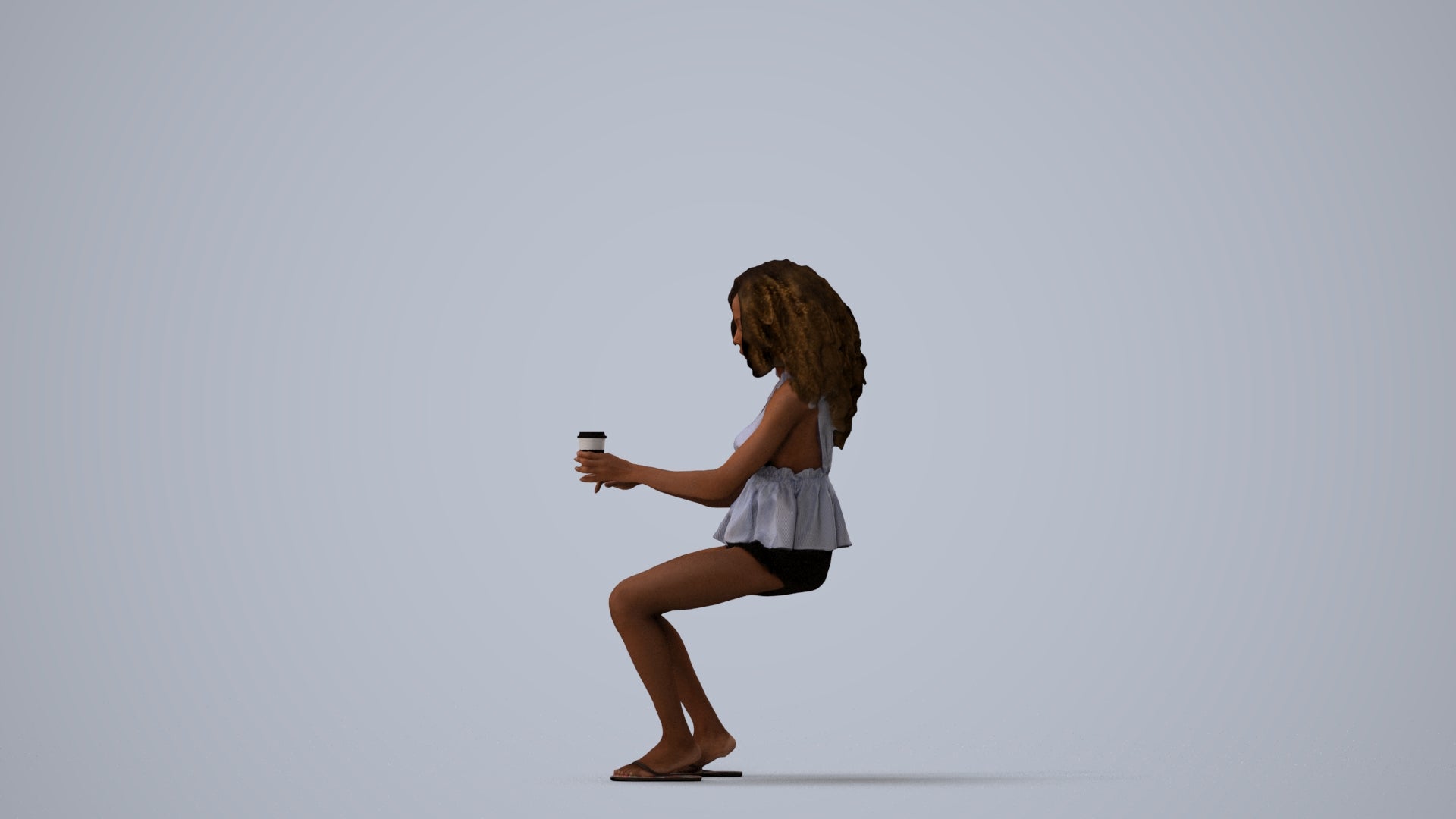 3D human model woman casual sitting, photogrammetry scanned person for archviz, three-quarter view render