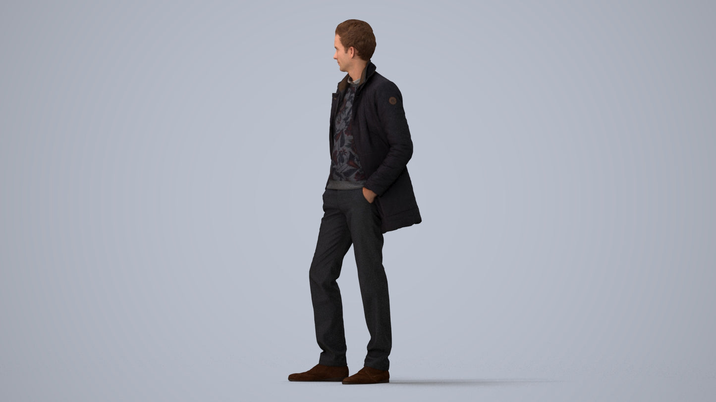 3D scanned man standing casual, photorealistic archviz people for Enscape and SketchUp, three-quarter view render
