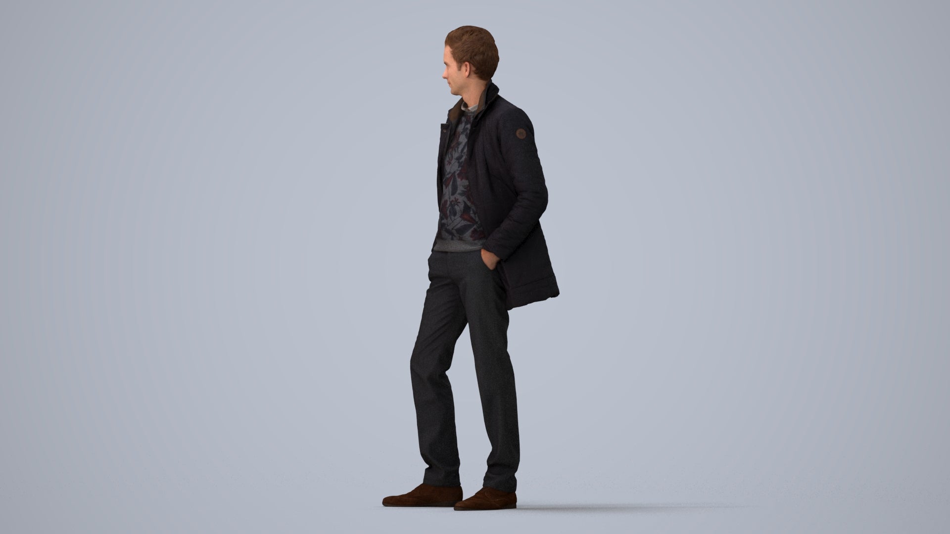 3D scanned man standing casual, photorealistic archviz people for Enscape and SketchUp, three-quarter view render