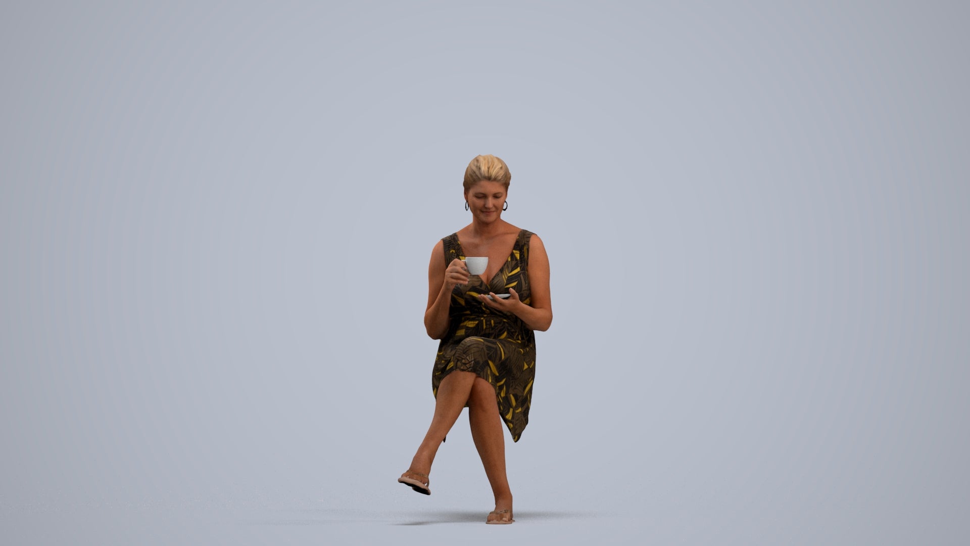 3D scanned woman sitting casual, photorealistic archviz people for Enscape and SketchUp, standing pose render