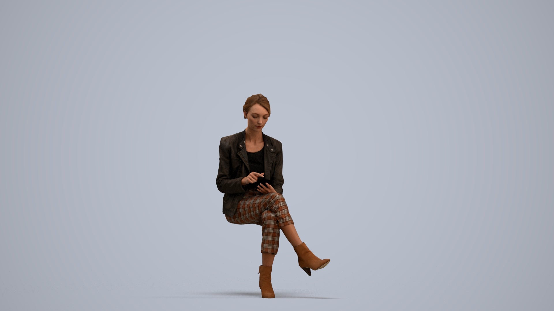 realistic 3D human woman business sitting, archviz people FBX OBJ for Blender, standing pose render