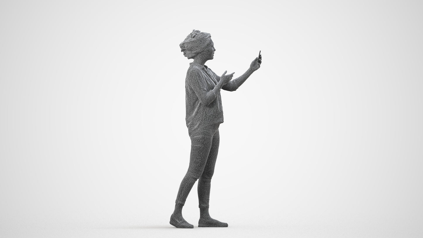 realistic 3D people woman casual standing, render-ready for V-Ray and Corona, FBX OBJ, wireframe side view