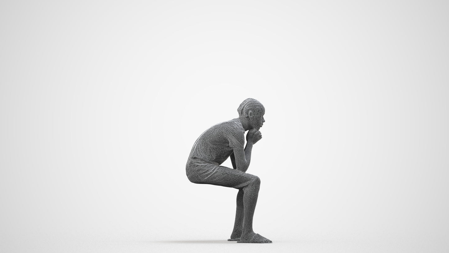 3D human model boy casual kids, photogrammetry scanned person for archviz, wireframe side view