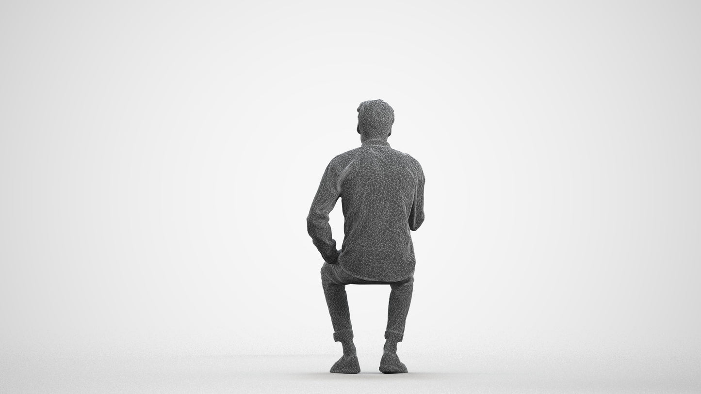 realistic 3D people man casual sitting, render-ready for V-Ray and Corona, FBX OBJ, wireframe front view