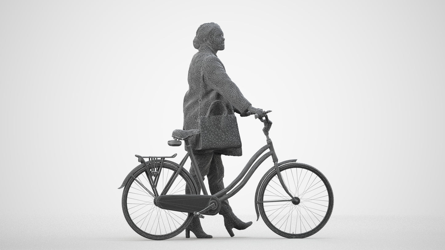 realistic 3D people woman business cycling, render-ready for V-Ray and Corona, FBX OBJ, wireframe side view