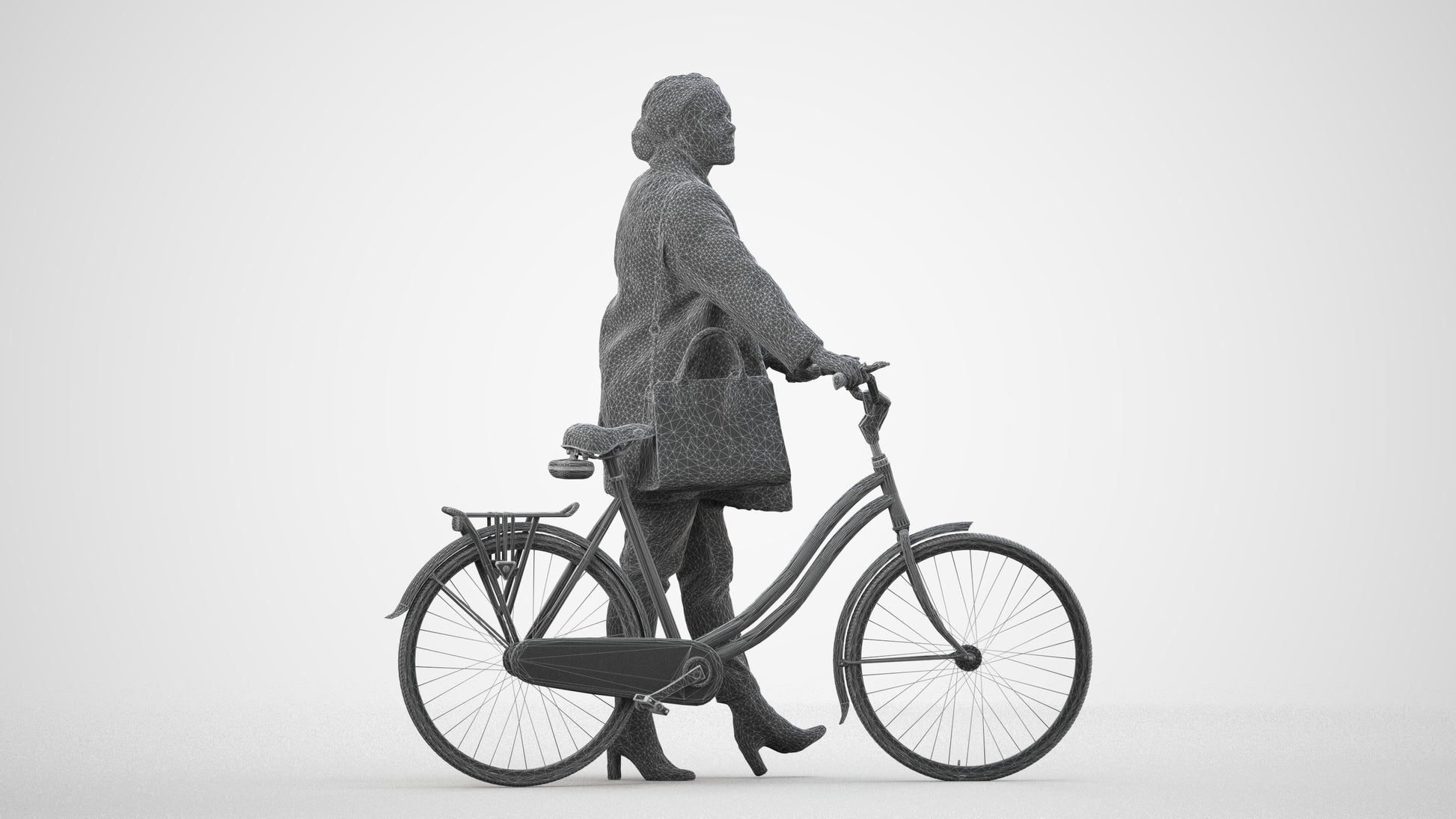 realistic 3D people woman business cycling, render-ready for V-Ray and Corona, FBX OBJ, wireframe side view