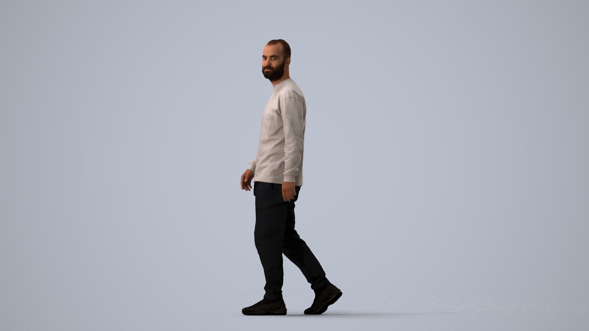 3D scanned man walking casual, photorealistic archviz people for Enscape and SketchUp, three-quarter view render