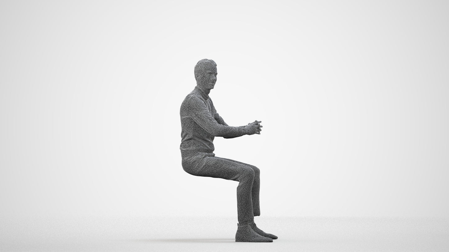 3D human model man casual business, photogrammetry scanned person for archviz, wireframe side view
