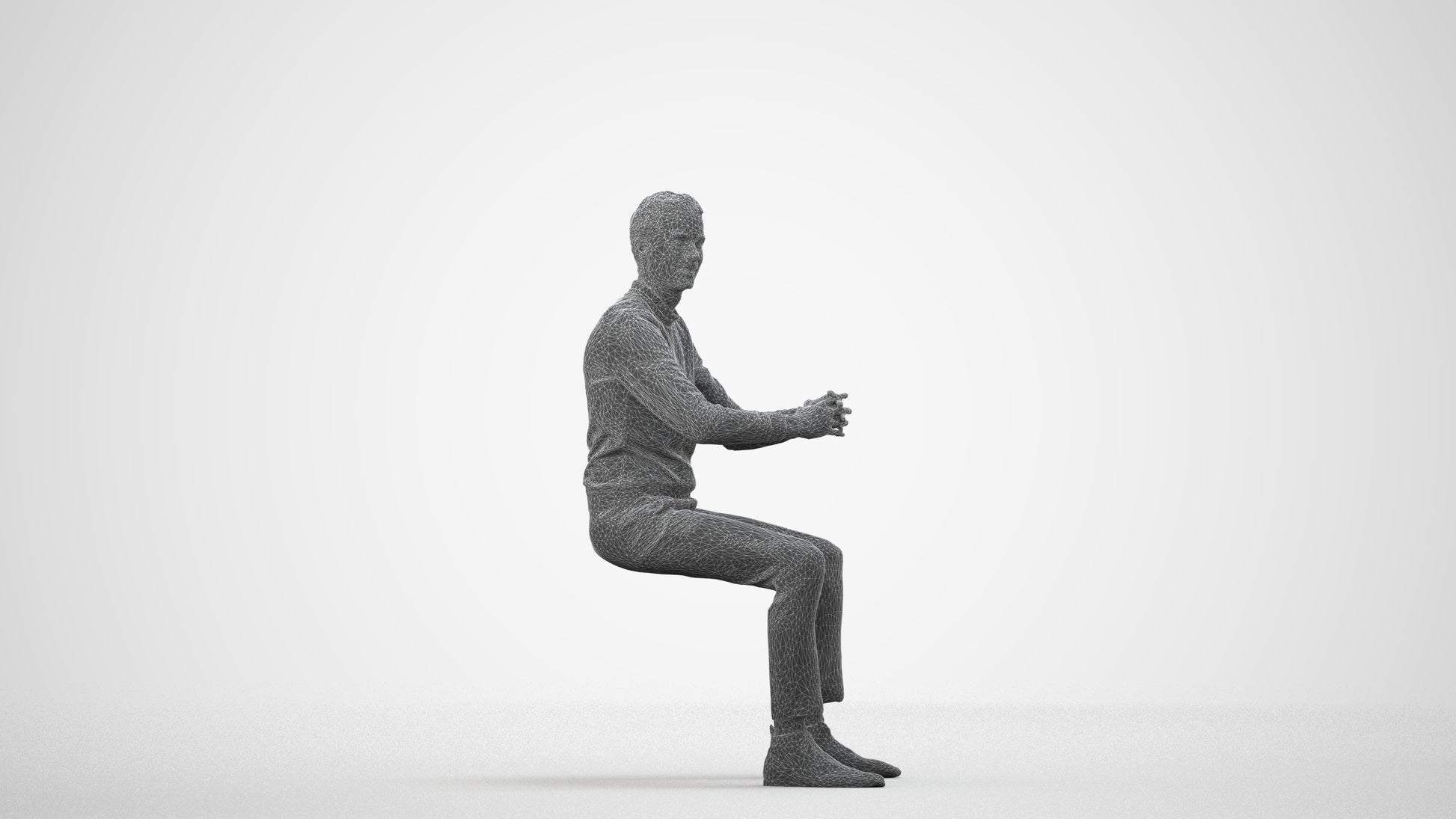 3D human model man casual business, photogrammetry scanned person for archviz, wireframe side view