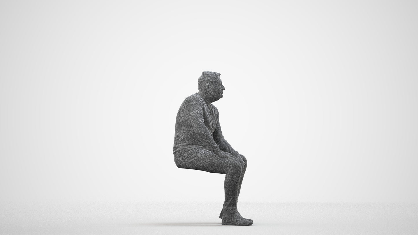 realistic 3D man casual sitting, scanned archviz people for Blender and 3ds Max, wireframe side view