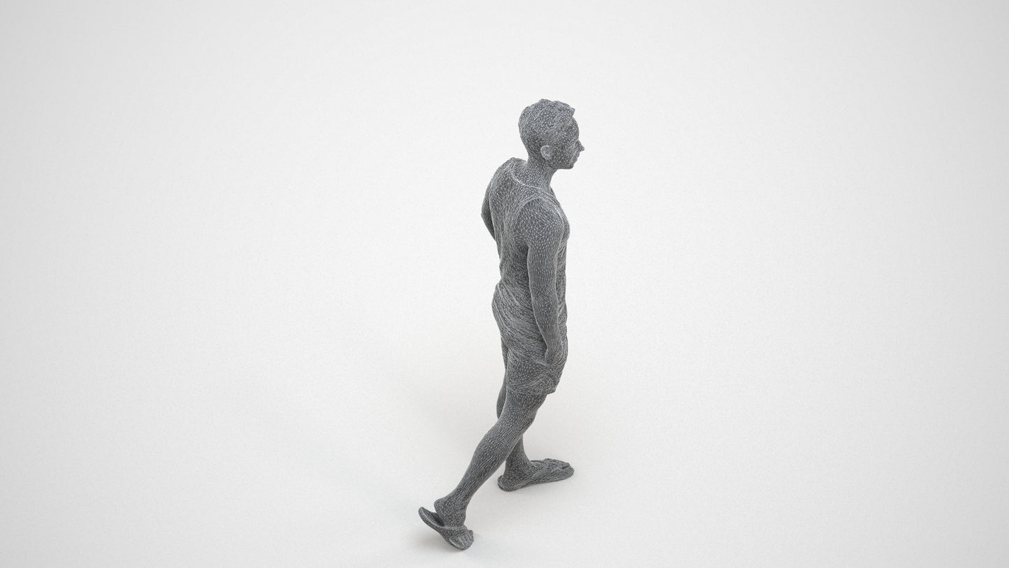 photogrammetry 3D man casual walking, realistic human model archviz FBX, wireframe three-quarter view