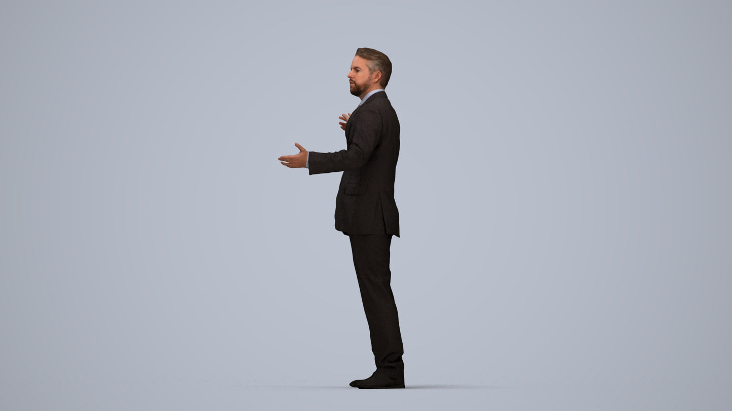 3D human model man business, photogrammetry scanned person for archviz, top-down view render