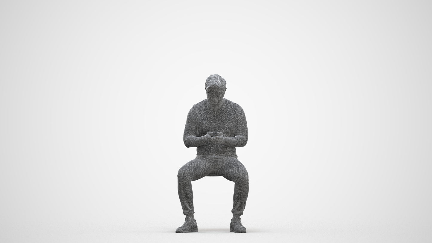 3D scanned man sitting casual, photorealistic archviz people for Enscape and SketchUp, three-quarter front view render