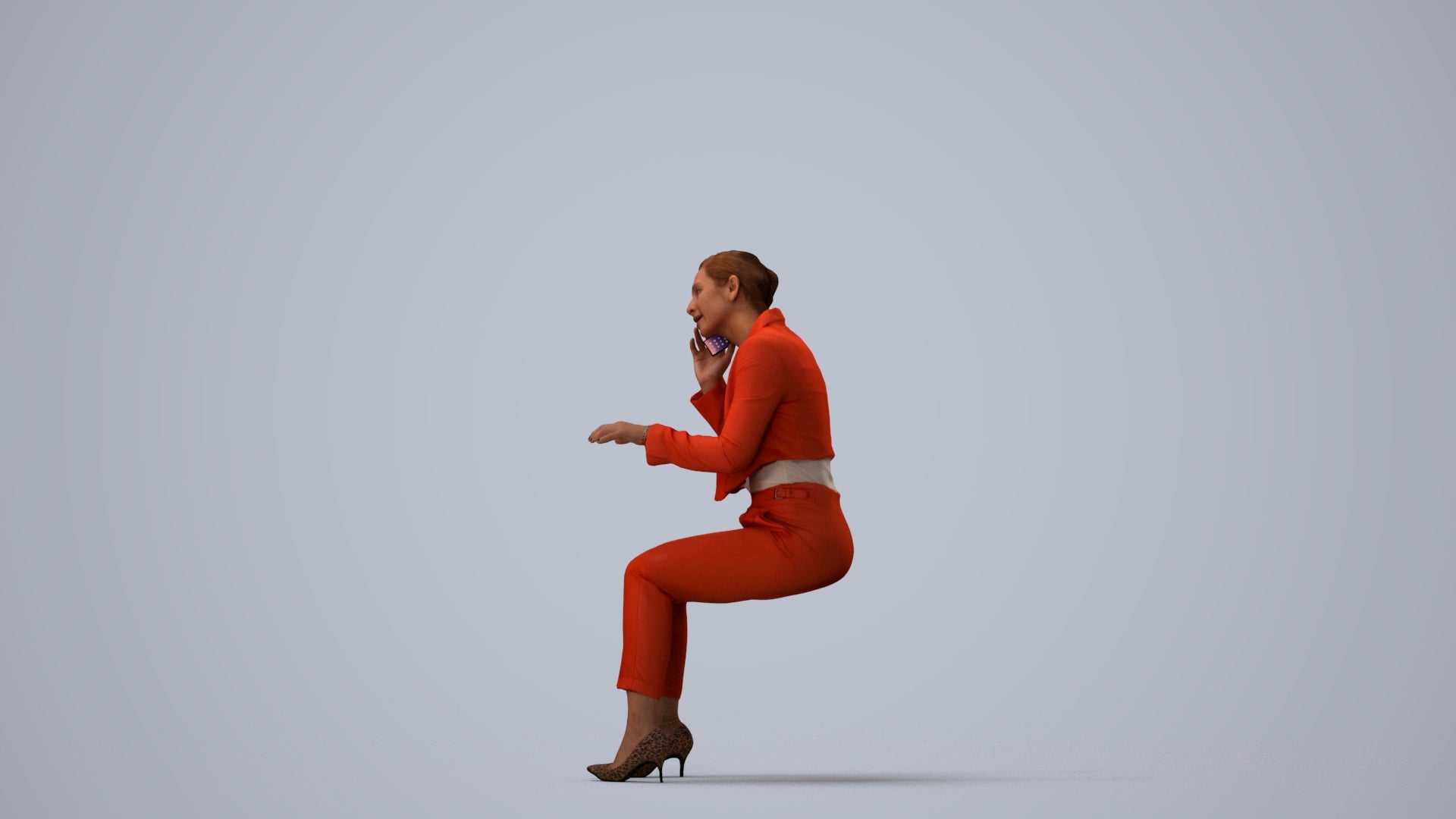 3D human model woman business, photogrammetry scanned person for archviz, three-quarter view render