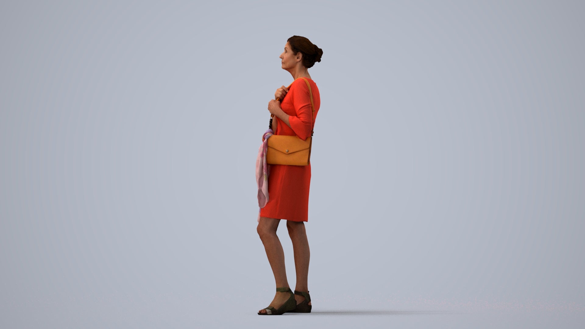 photogrammetry 3D senior woman business standing, realistic human model archviz FBX, three-quarter view render