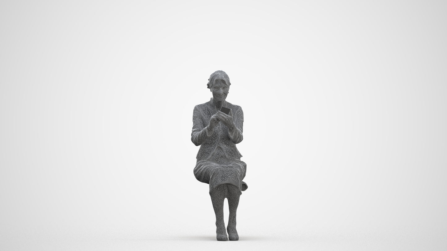 3D human model senior woman business sitting, photogrammetry scanned person for archviz, three-quarter front view render