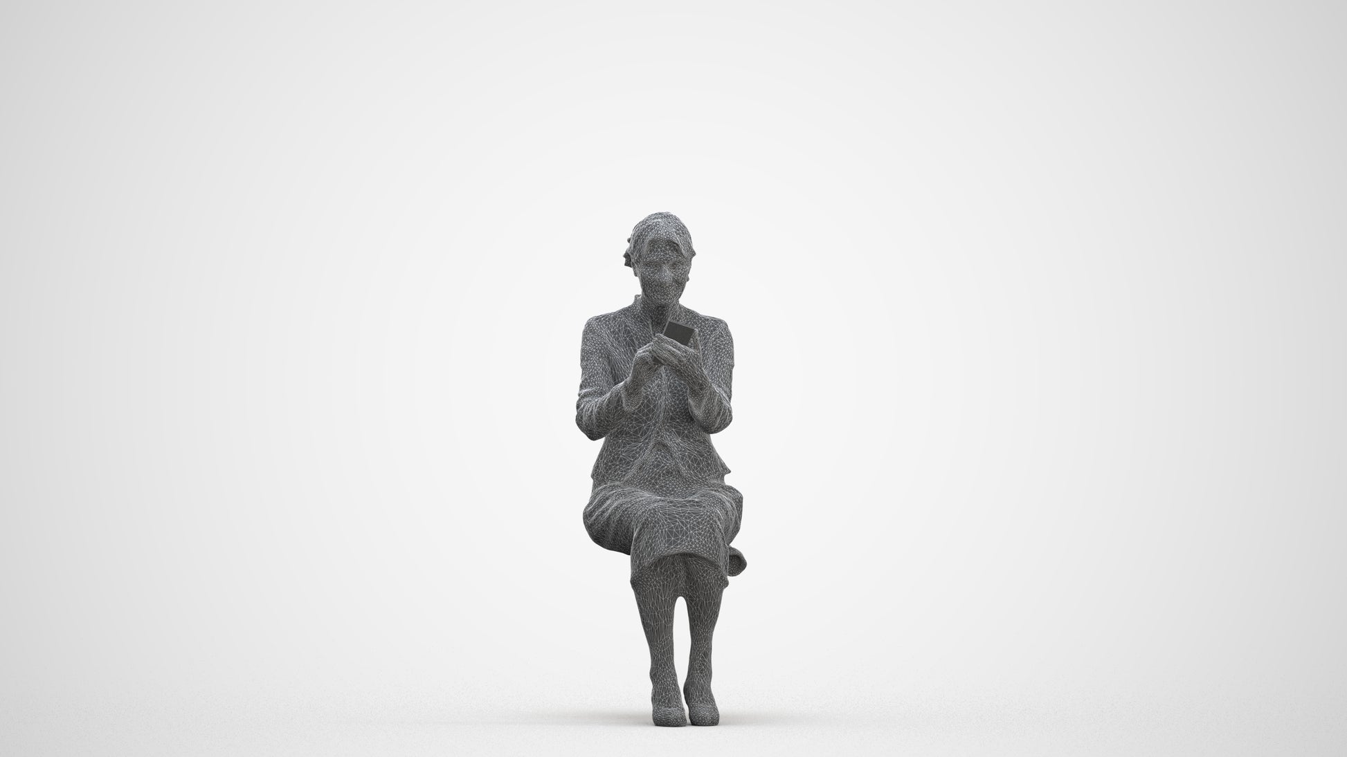 3D human model senior woman business sitting, photogrammetry scanned person for archviz, three-quarter front view render