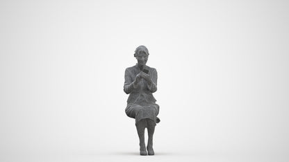 3D human model senior woman business sitting, photogrammetry scanned person for archviz, three-quarter front view render