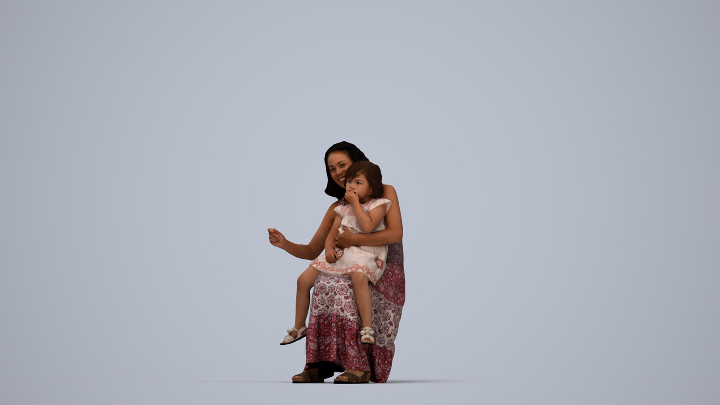3D human model girl casual kids, photogrammetry scanned person for archviz, top-down view render