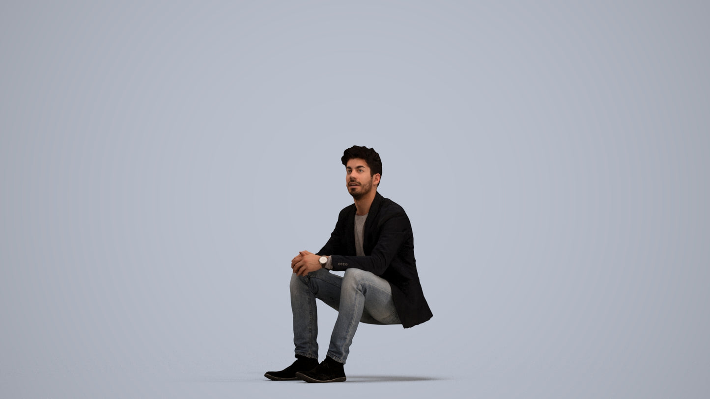 realistic 3D man casual sitting, scanned archviz people for Blender and 3ds Max, standing pose render