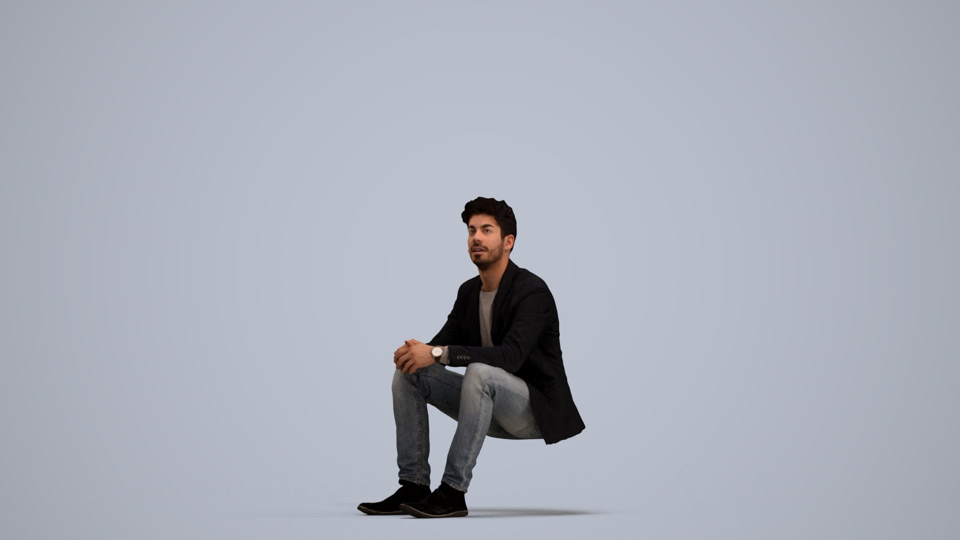 realistic 3D man casual sitting, scanned archviz people for Blender and 3ds Max, standing pose render