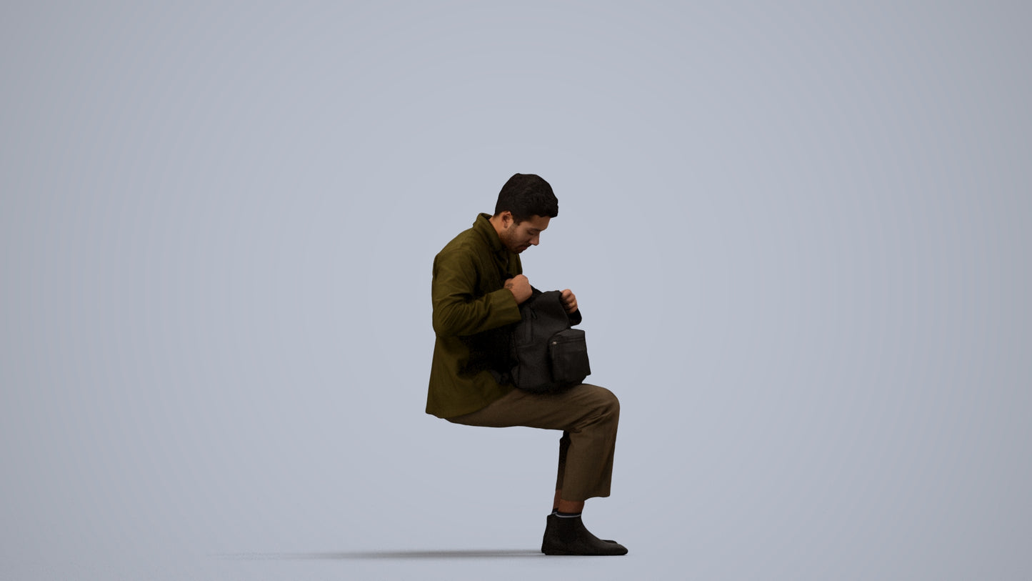 scanned 3D man casual sitting, photogrammetry people for Enscape and V-Ray, side view render