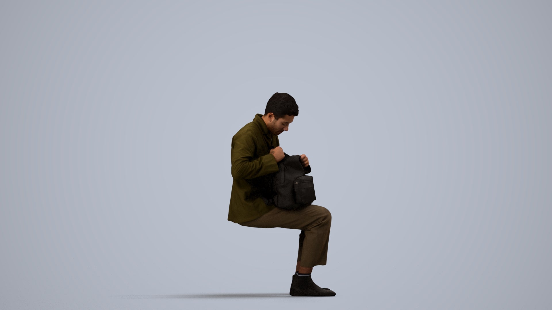 scanned 3D man casual sitting, photogrammetry people for Enscape and V-Ray, side view render