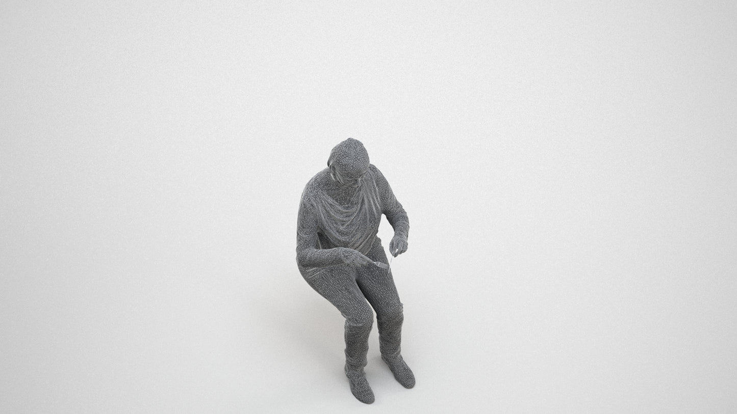 scanned 3D woman casual sitting, photogrammetry people for Enscape and V-Ray, wireframe three-quarter view