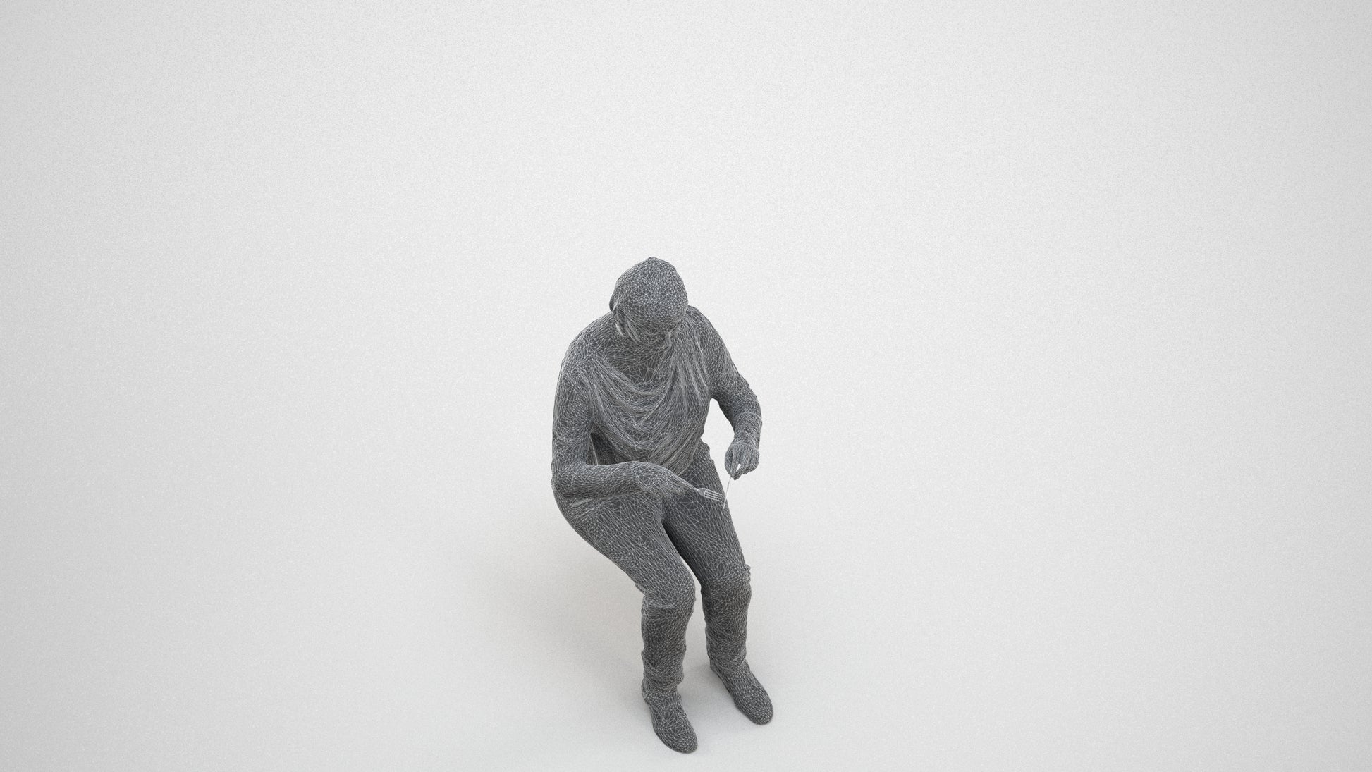 scanned 3D woman casual sitting, photogrammetry people for Enscape and V-Ray, wireframe three-quarter view