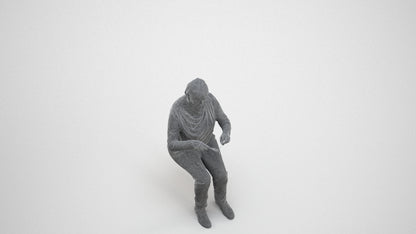 scanned 3D woman casual sitting, photogrammetry people for Enscape and V-Ray, wireframe three-quarter view