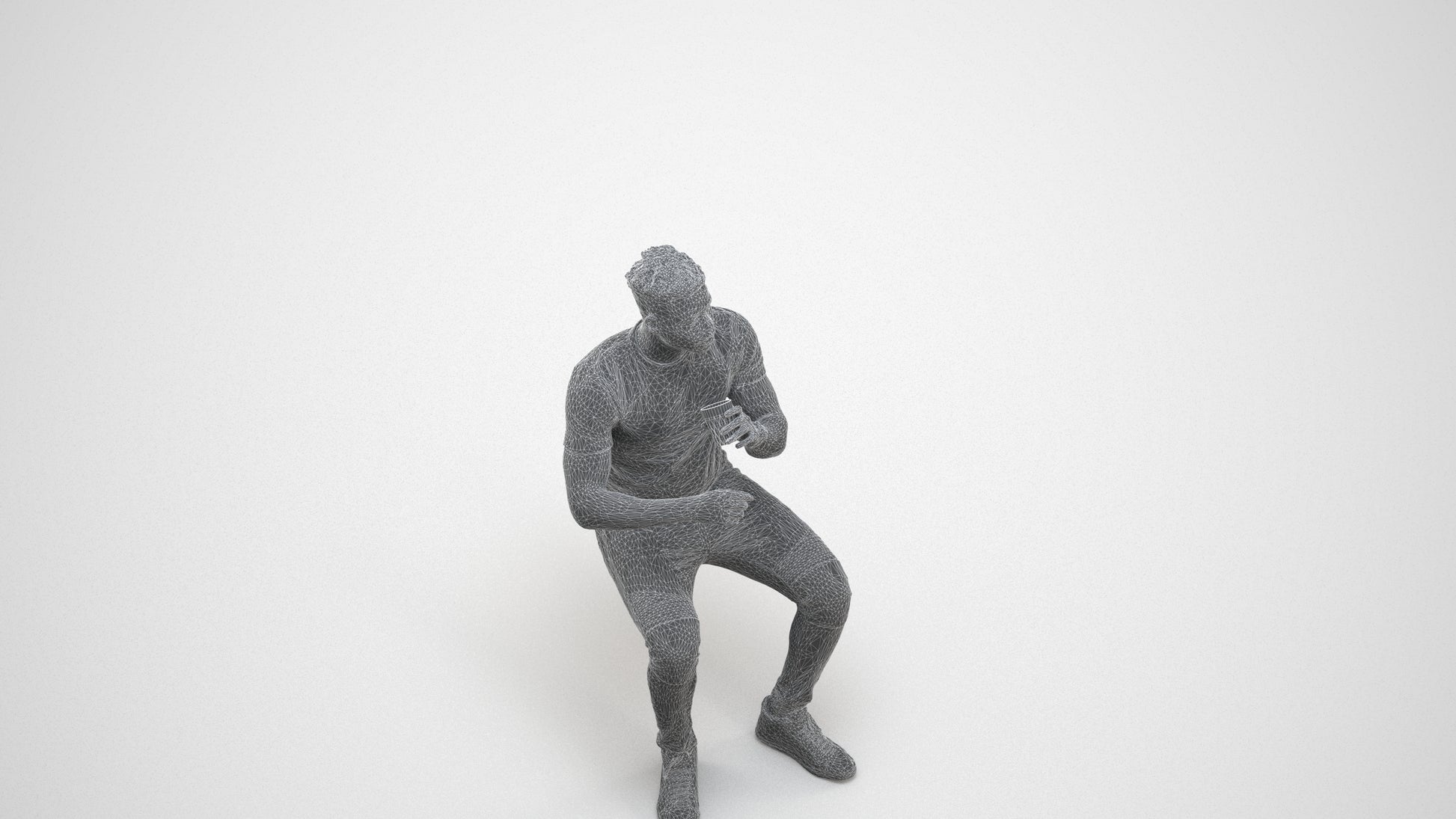 3D human model man casual business, photogrammetry scanned person for archviz, wireframe three-quarter view