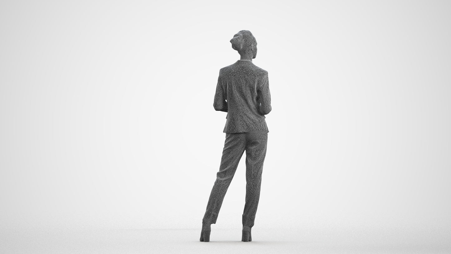 realistic 3D human woman business standing, archviz people FBX OBJ for Blender, wireframe front view