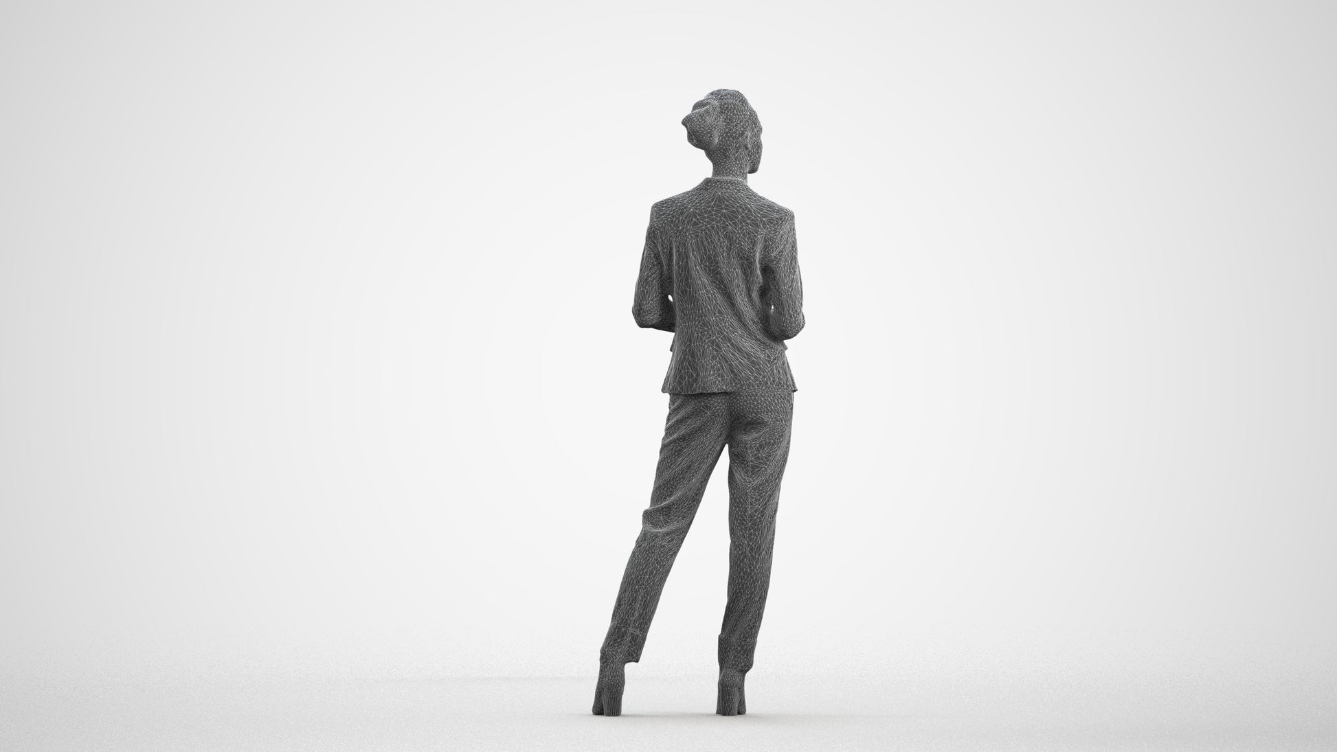realistic 3D human woman business standing, archviz people FBX OBJ for Blender, wireframe front view
