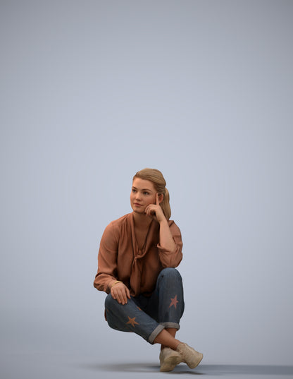 3D human model woman casual sitting, photogrammetry scanned person for archviz