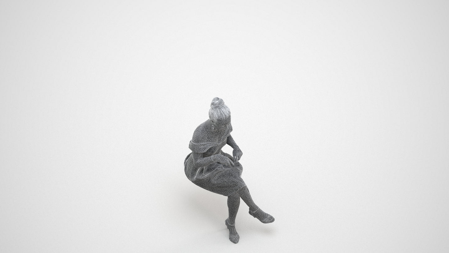 3D human model woman formal sitting, photogrammetry scanned person for archviz, wireframe three-quarter view