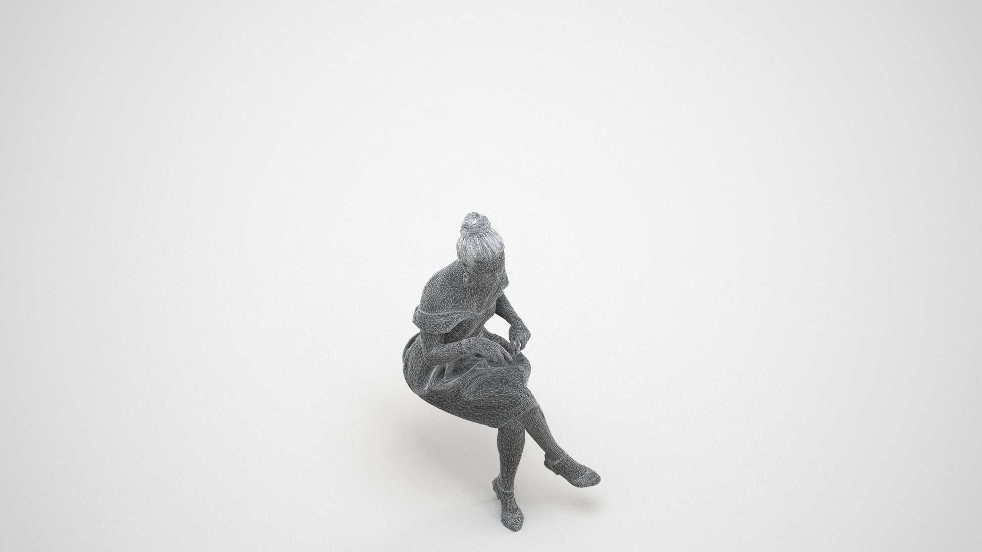 3D human model woman formal sitting, photogrammetry scanned person for archviz, wireframe three-quarter view