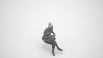 3D human model woman formal sitting, photogrammetry scanned person for archviz, wireframe three-quarter view
