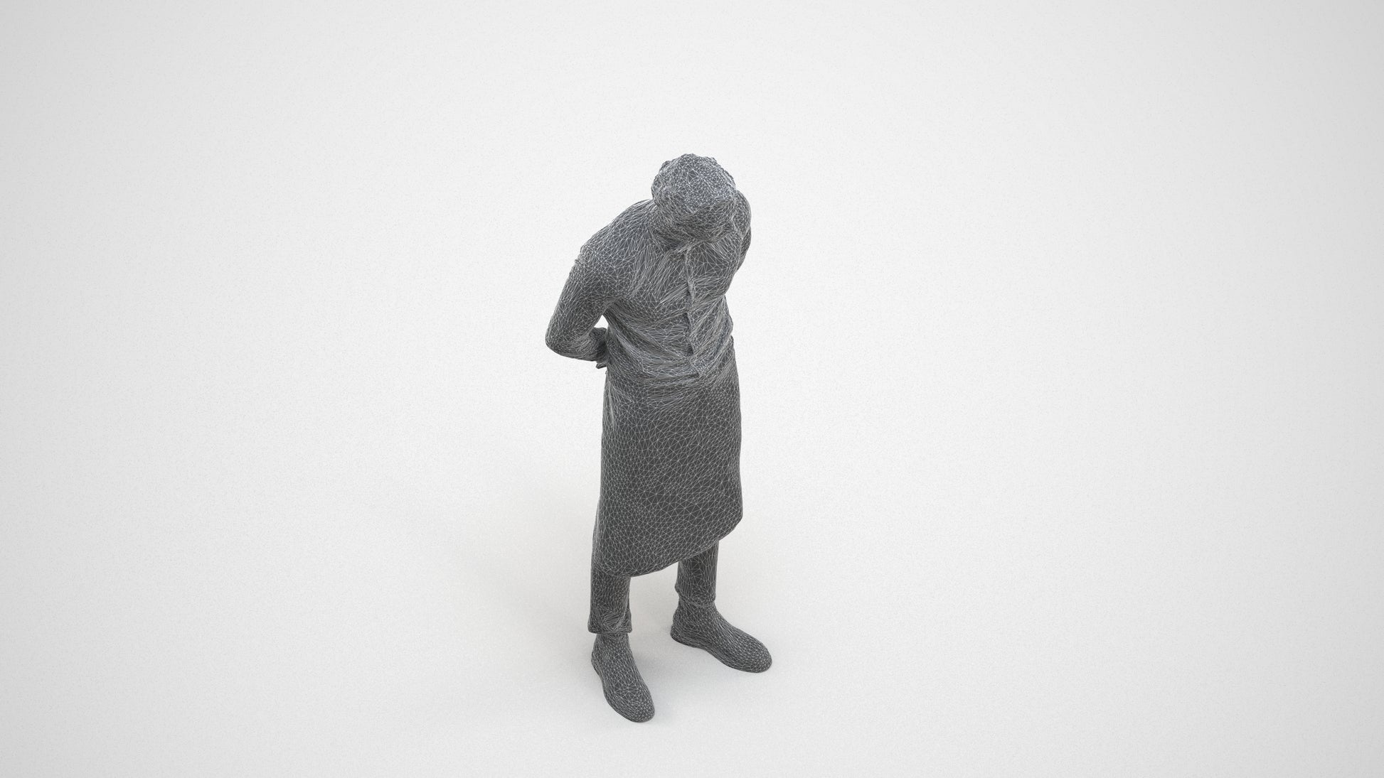 3D human model man hospitality, photogrammetry scanned person for archviz, wireframe three-quarter view